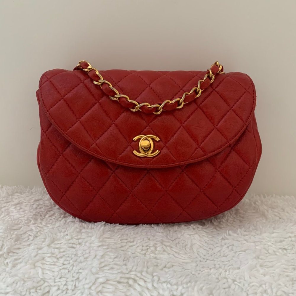 CHANEL Vintage Red Half Moon Quilted Lambskin Leather Flap Bag